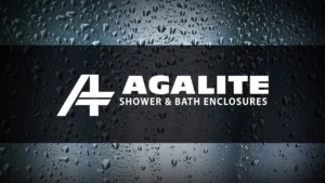 A close up of the logo for agalite shower and bath enclosure